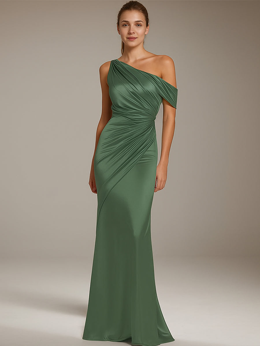 Formal Party Satin Dress Silver One-Shoulder Pleated  Floor-Length Dress