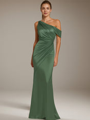 Formal Party Satin Dress Silver One-Shoulder Pleated  Floor-Length Dress