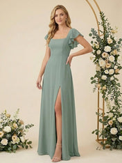 Square Neck Ruffle Sleeves A Line Chiffon Long Bridesmaid Dresses with Slit