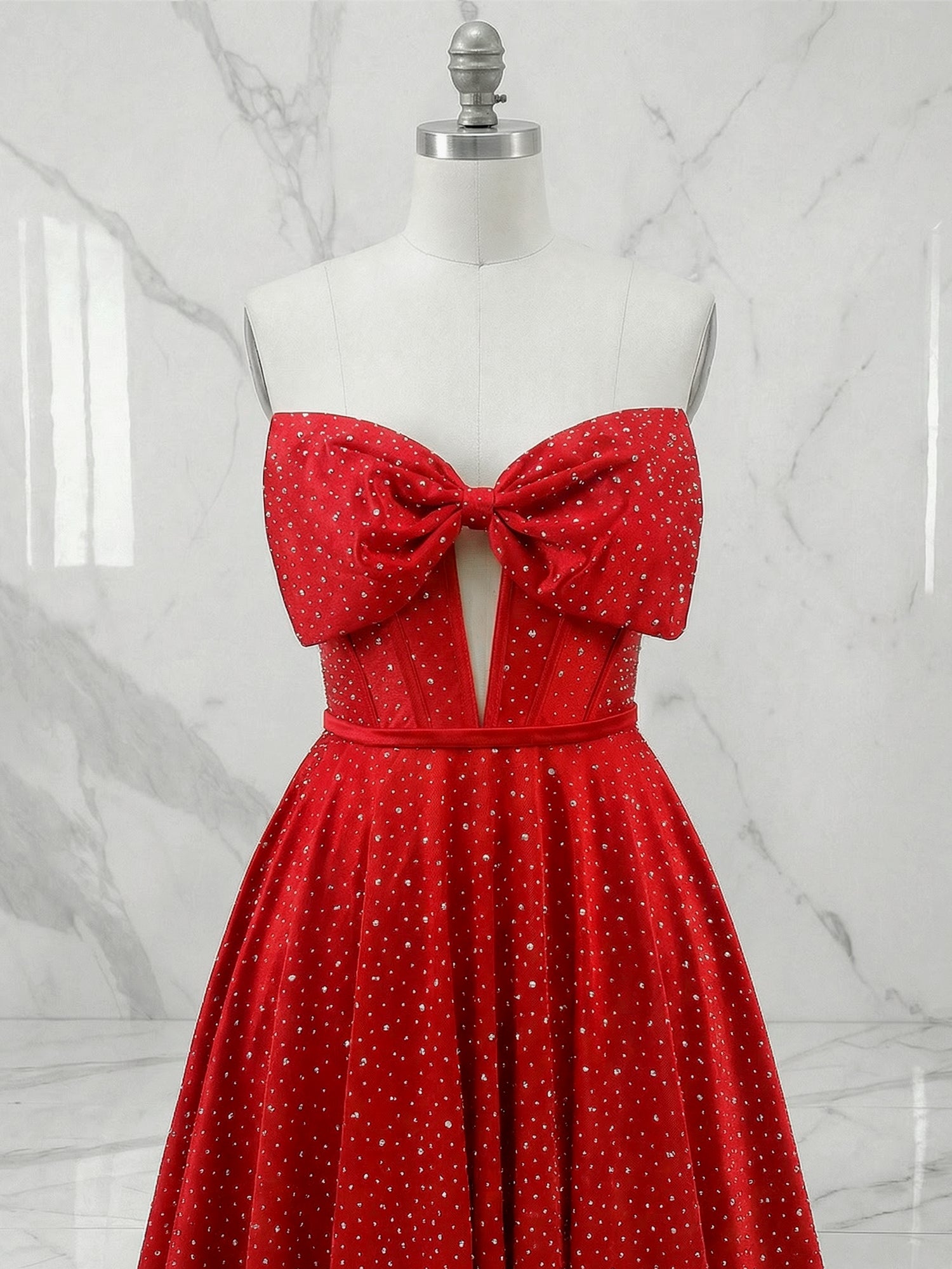 Sparkly Red Beaded Strapless Long Corset Prom Dress with Bow