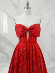 Sparkly Red Beaded Strapless Long Corset Prom Dress with Bow