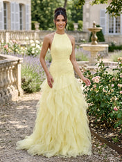 Lemon Halter Cascading Ruffle A-Line Evening Formal Gown Party Dress