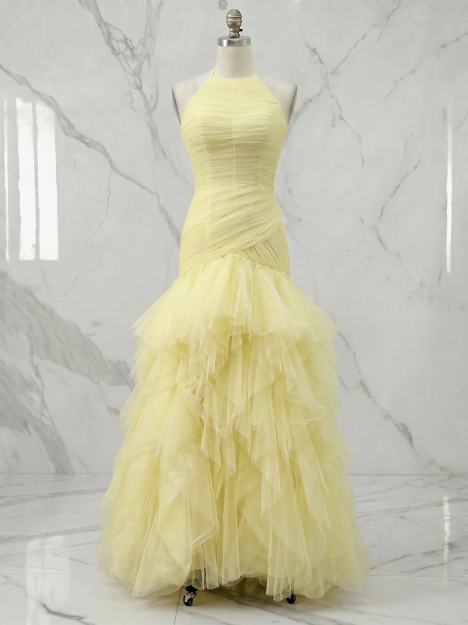 Lemon Halter Cascading Ruffle A-Line Evening Formal Gown Party Dress