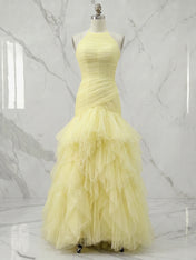 Lemon Halter Cascading Ruffle A-Line Evening Formal Gown Party Dress