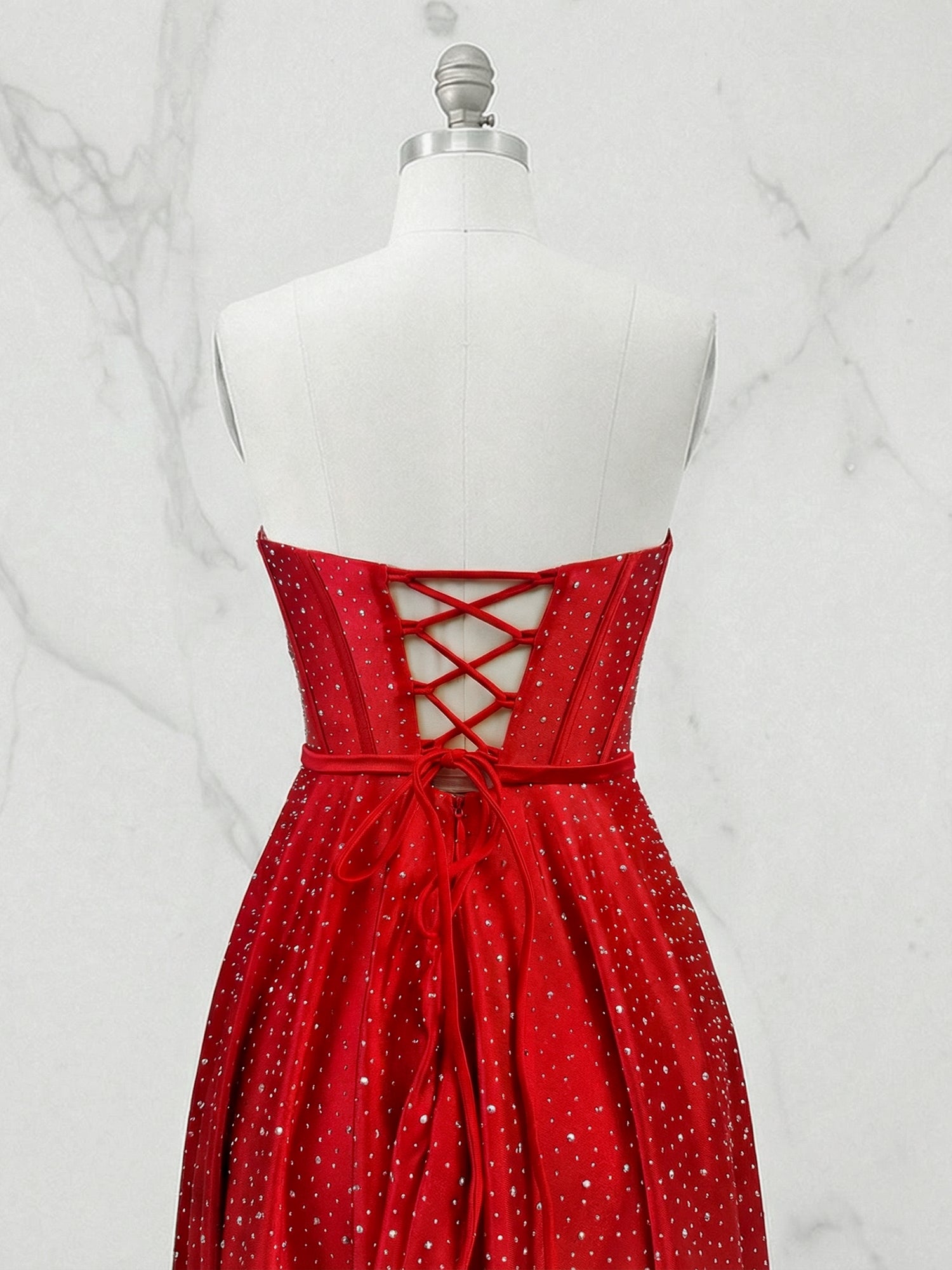 Sparkly Red Beaded Strapless Long Corset Prom Dress with Bow