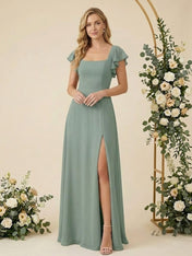 Square Neck Ruffle Sleeves A Line Chiffon Long Bridesmaid Dresses with Slit