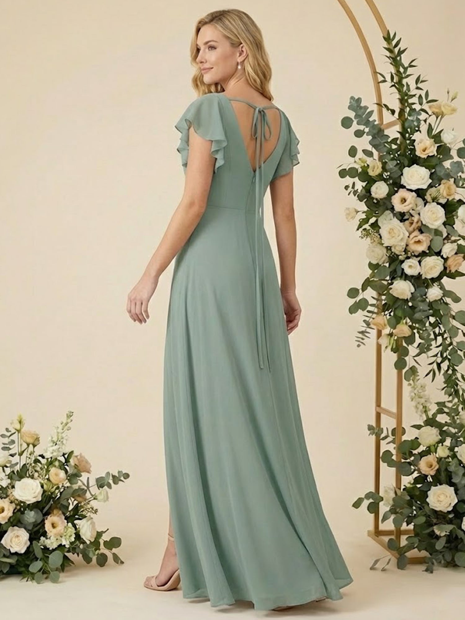 Square Neck Ruffle Sleeves A Line Chiffon Long Bridesmaid Dresses with Slit
