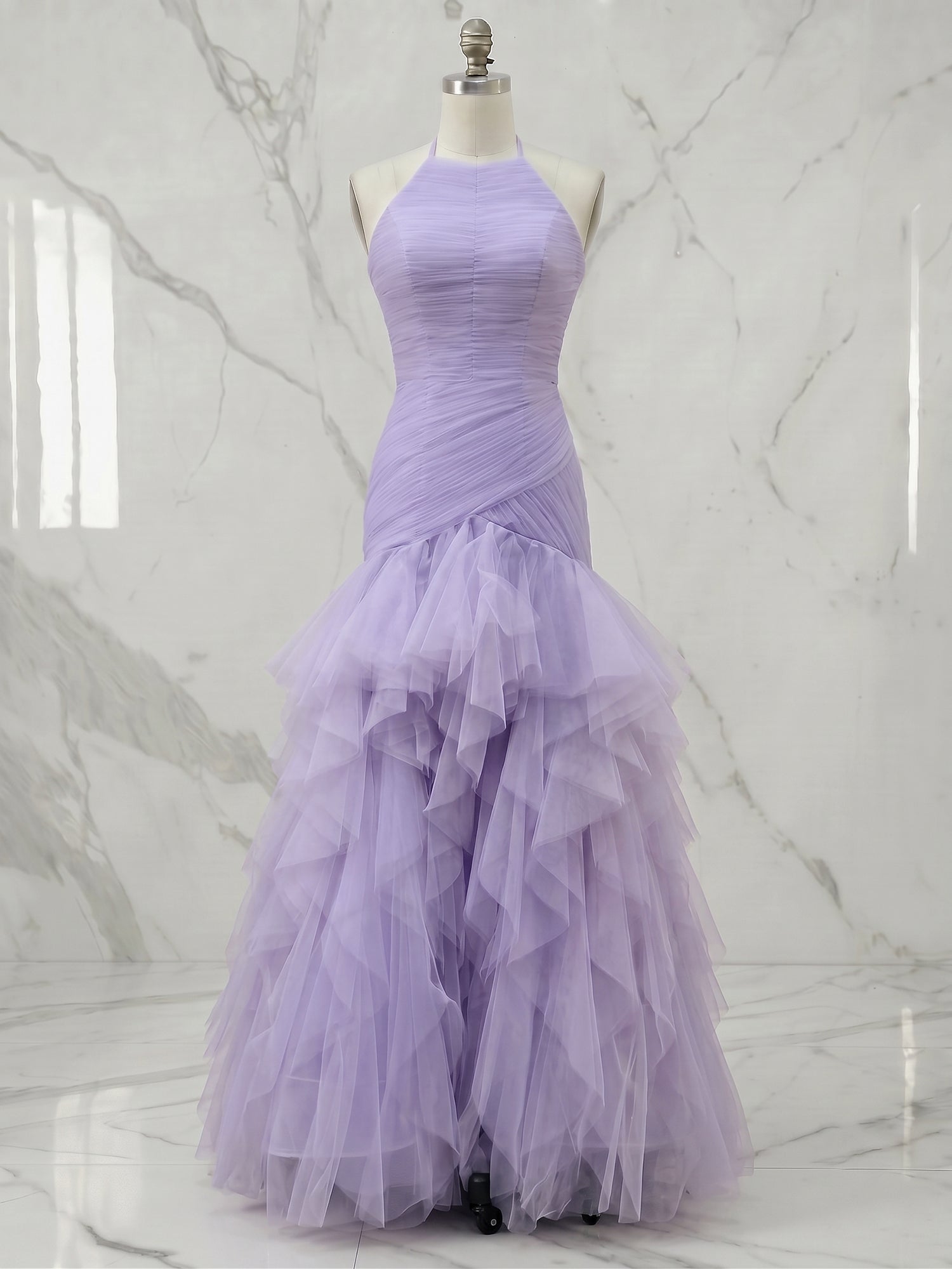 Lemon Halter Cascading Ruffle A-Line Evening Formal Gown Party Dress