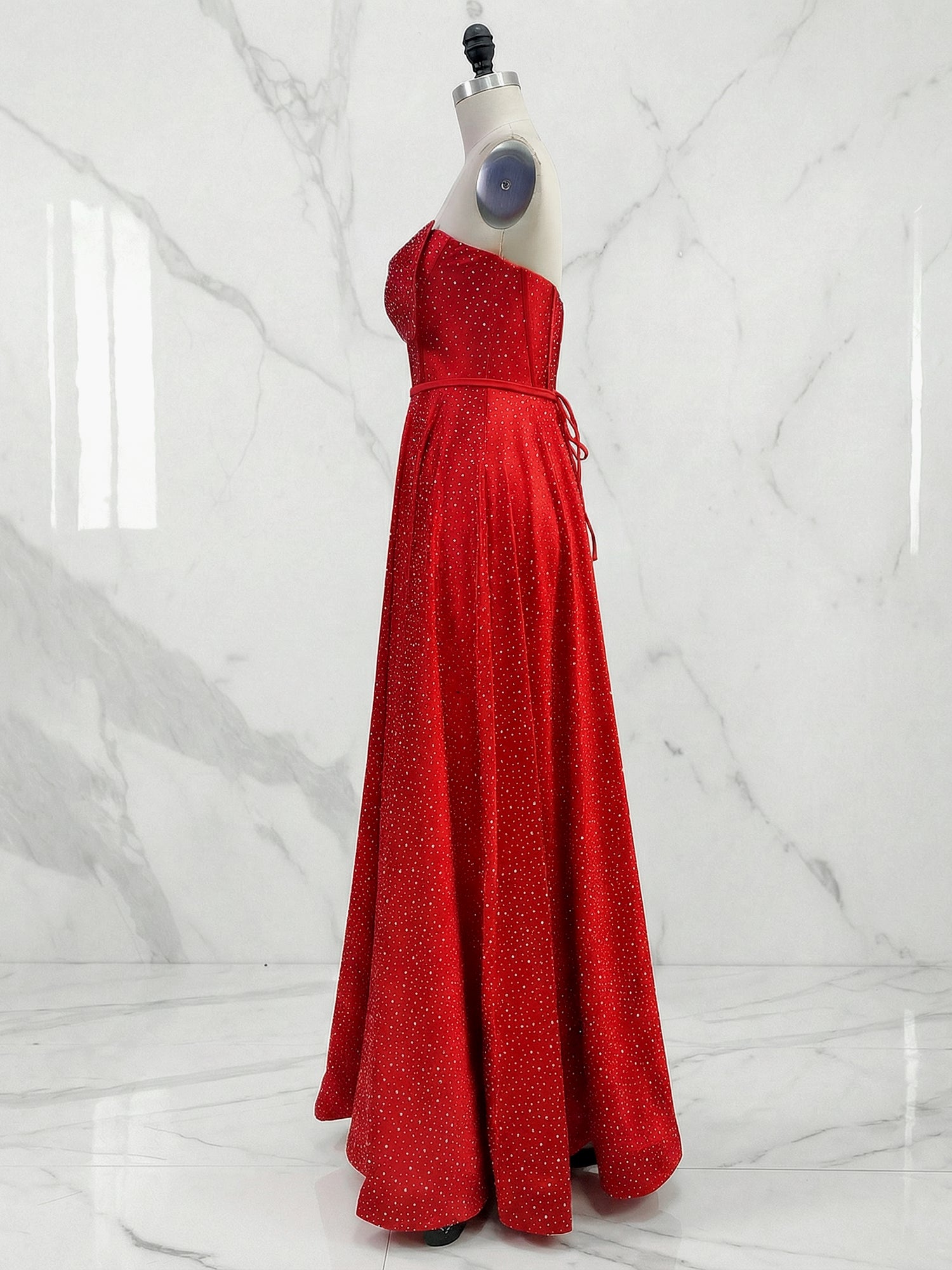 Sparkly Red Beaded Strapless Long Corset Prom Dress with Bow