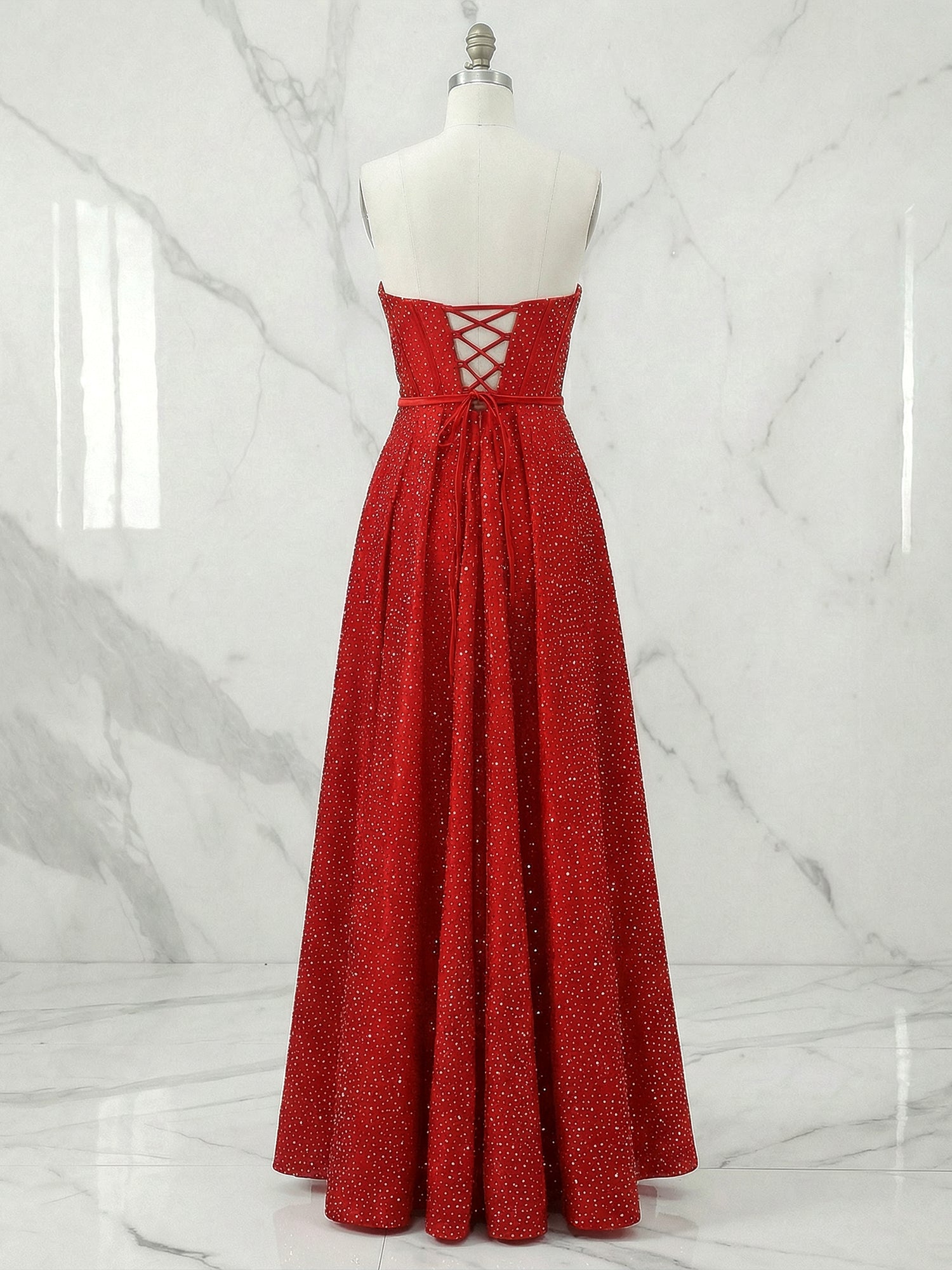 Sparkly Red Beaded Strapless Long Corset Prom Dress with Bow