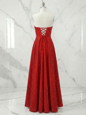 Sparkly Red Beaded Strapless Long Corset Prom Dress with Bow