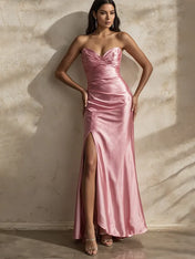 Evening Dress Pink Tube Top High Slit Long Dress