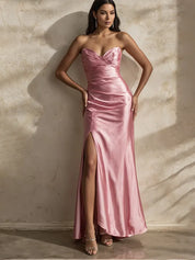 Evening Dress Pink Tube Top High Slit Long Dress