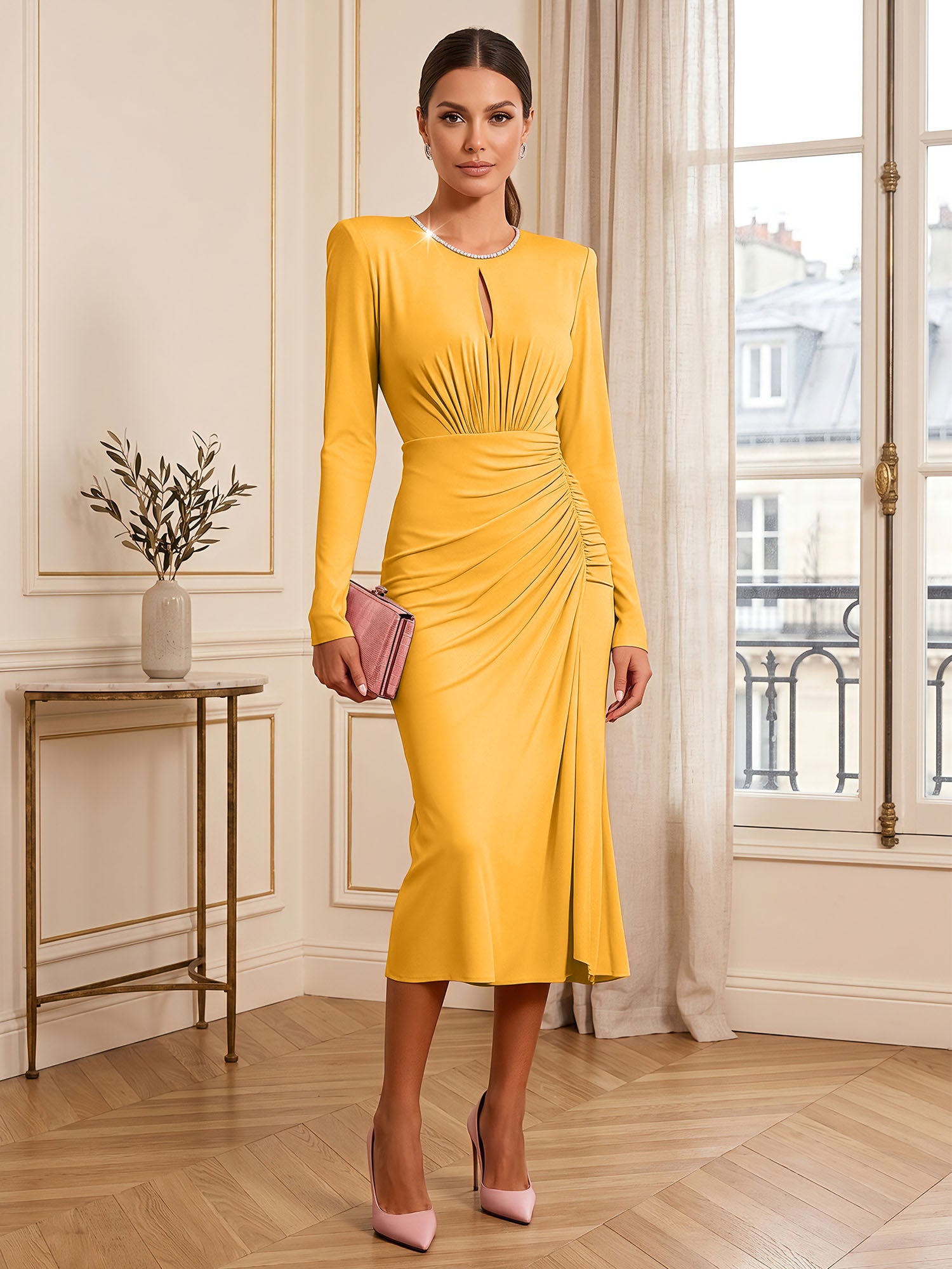 Dusty Rose Long Sleeve Ruched Midi Dress Formal Evening Gown