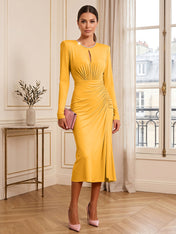 Dusty Rose Long Sleeve Ruched Midi Dress Formal Evening Gown