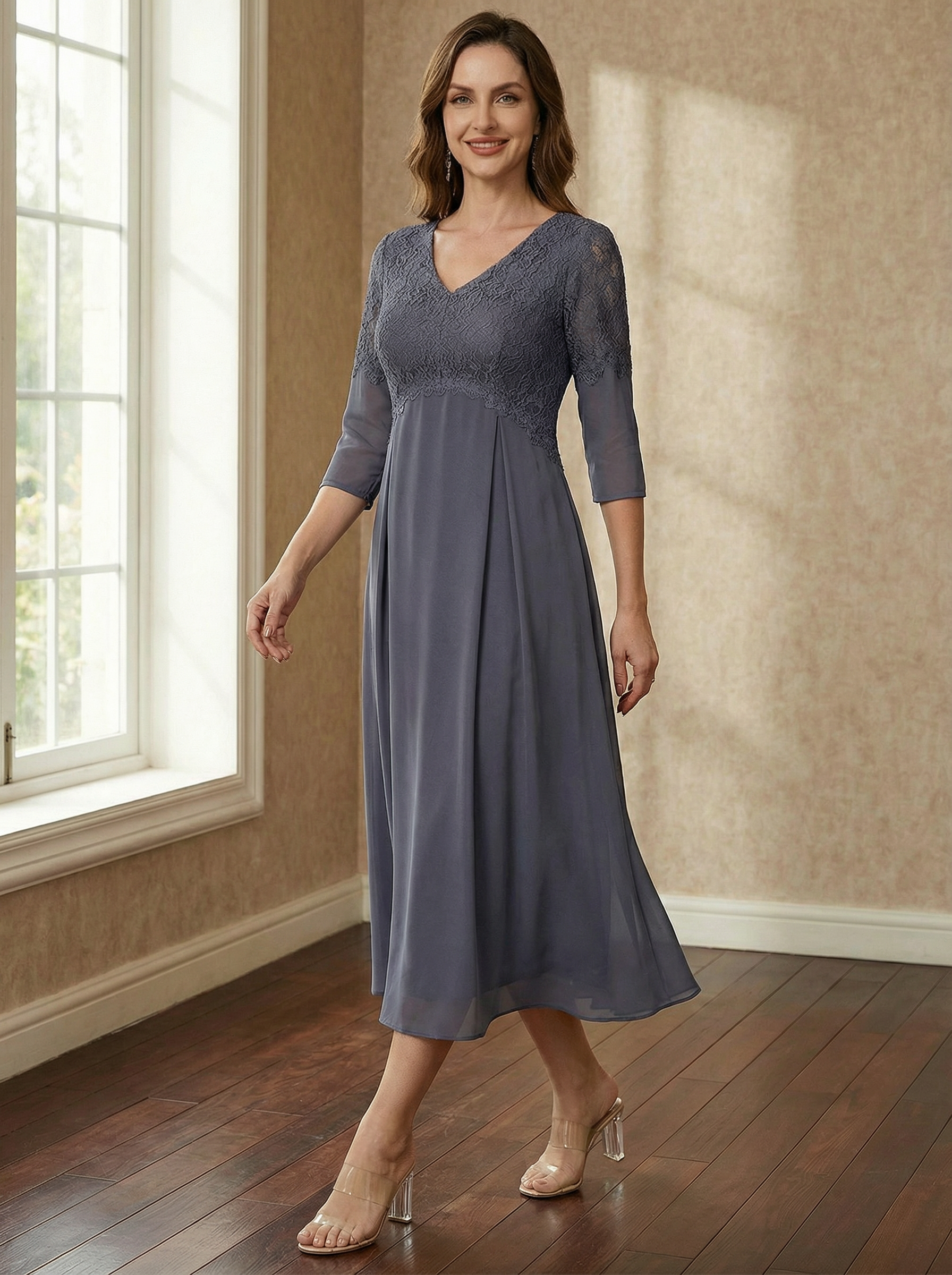 A-line V-Neck Tea-Length Chiffon Lace Mother of the Bride Dress With Beading