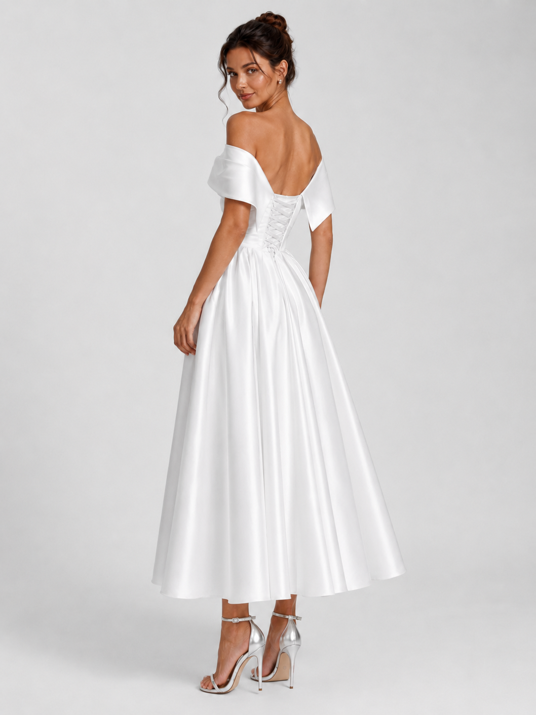 Elegant Off-the-Shoulder Ruched Satin A-Line Midi Wedding Dress