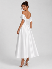Elegant Off-the-Shoulder Ruched Satin A-Line Midi Wedding Dress