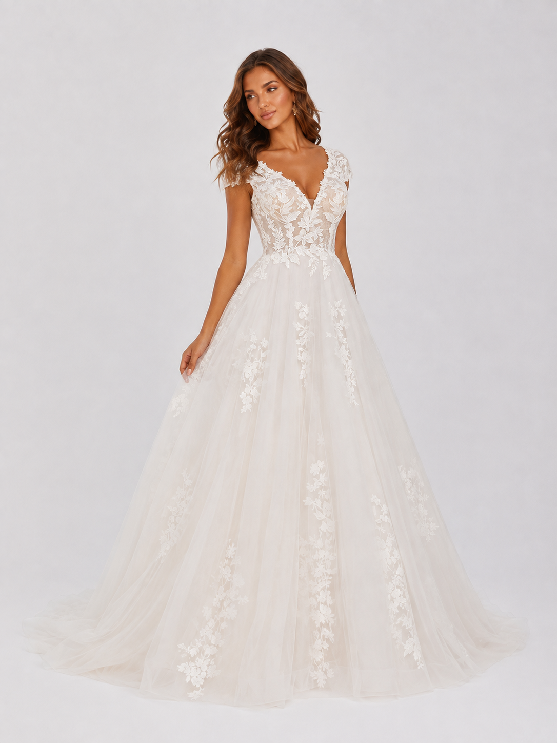 Elegant Floral Applique Tulle A-Line Wedding Dress with Sweep Train