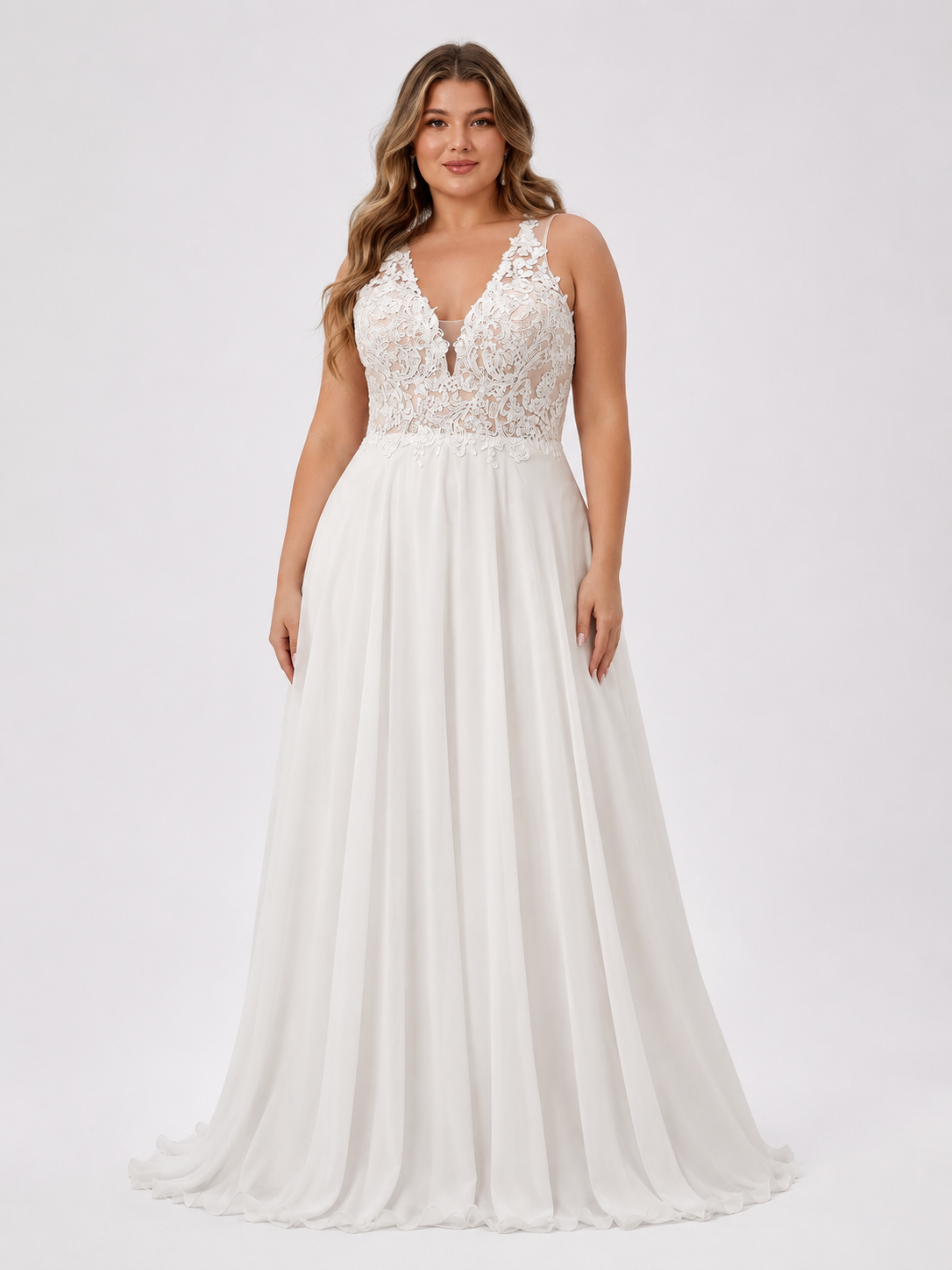 Elegant V-Neck Lace Applique Chiffon A-Line Wedding Dress with Keyhole Back