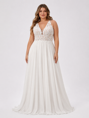 Elegant V-Neck Lace Applique Chiffon A-Line Wedding Dress with Keyhole Back