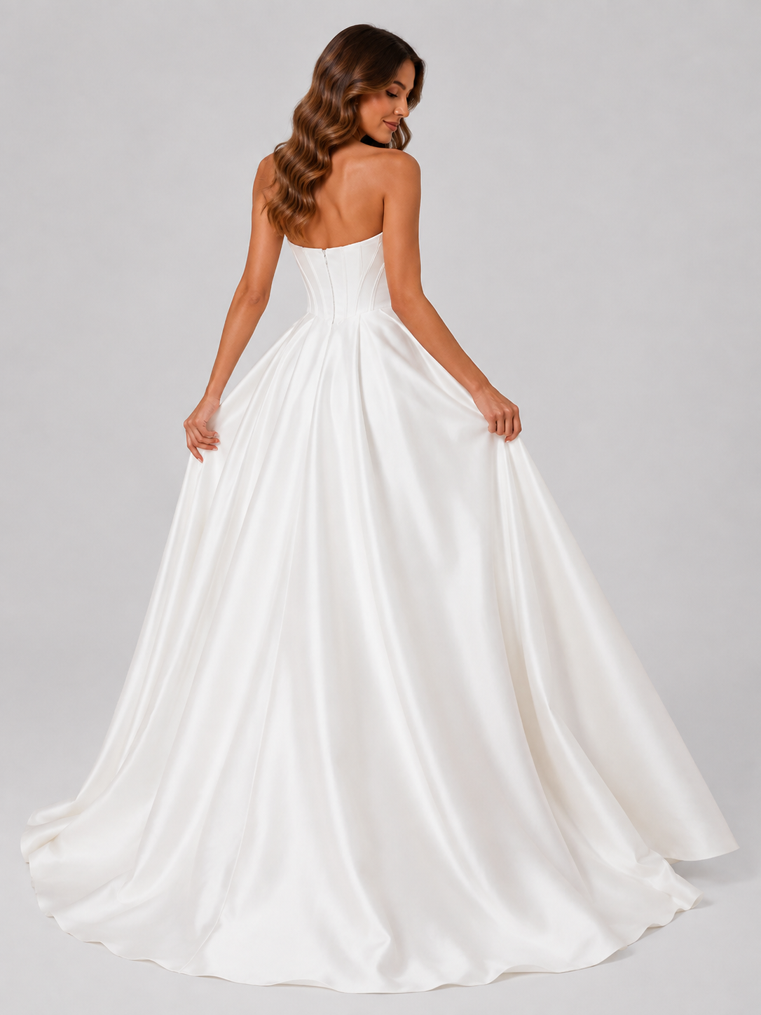 Elegant Strapless Straight-Neck Corset Satin Ball Gown Wedding Dress with Chapel Train