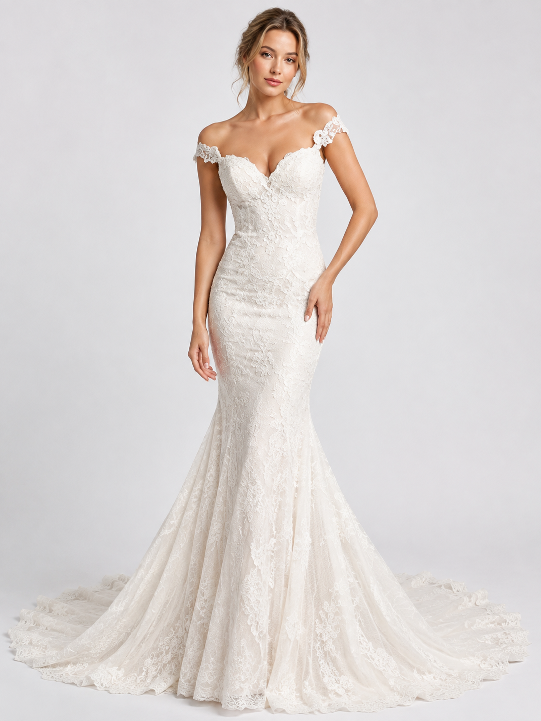 Elegant Off-the-Shoulder V-Neck Lace Mermaid Wedding Dress with Chapel Train