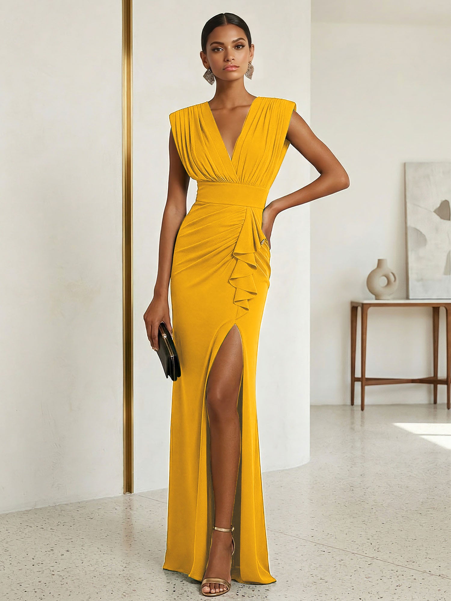Commanding Formal Evening Dress Emerald Green Plunging V-Neck Slit Gown