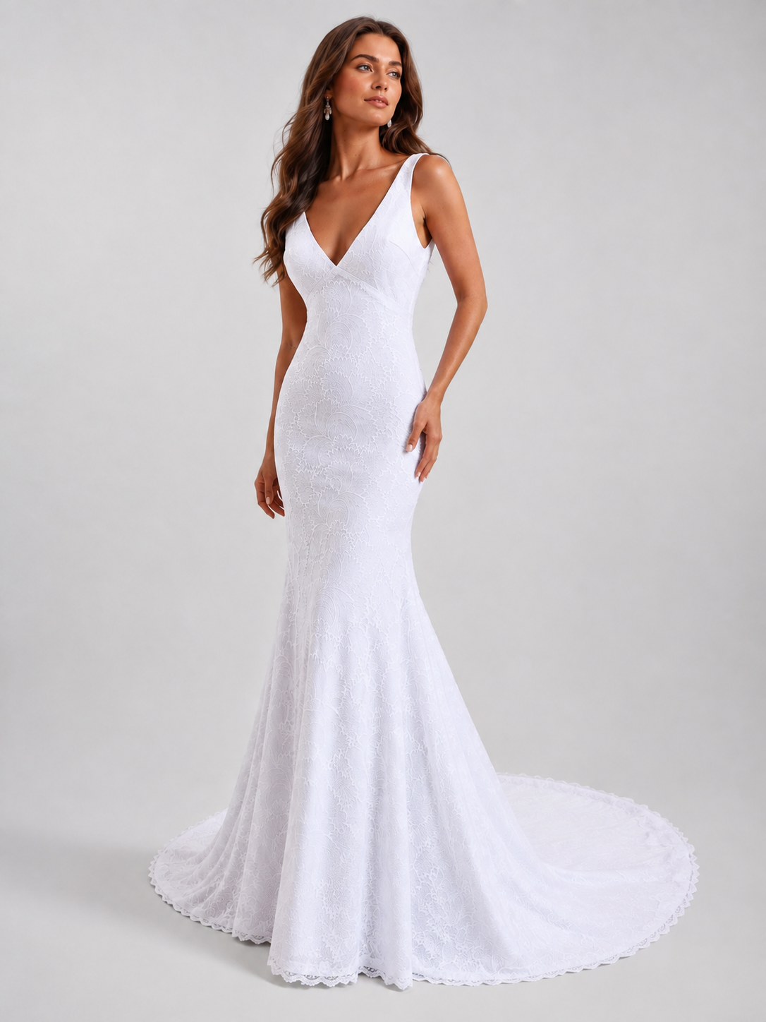 Elegant Deep V-Neck Lace Sheath Wedding Dress with Low Back and Sweep Train