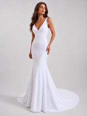 Elegant Deep V-Neck Lace Sheath Wedding Dress with Low Back and Sweep Train