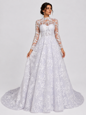 Elegant High Neck Long Sleeve Lace A-Line Wedding Dress with Chapel Train