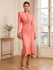 Dusty Rose Long Sleeve Ruched Midi Dress Formal Evening Gown