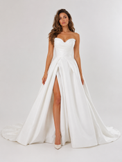 Elegant Off-the-Shoulder Ruched Satin A-Line Wedding Dress with High Slit and Chapel Train