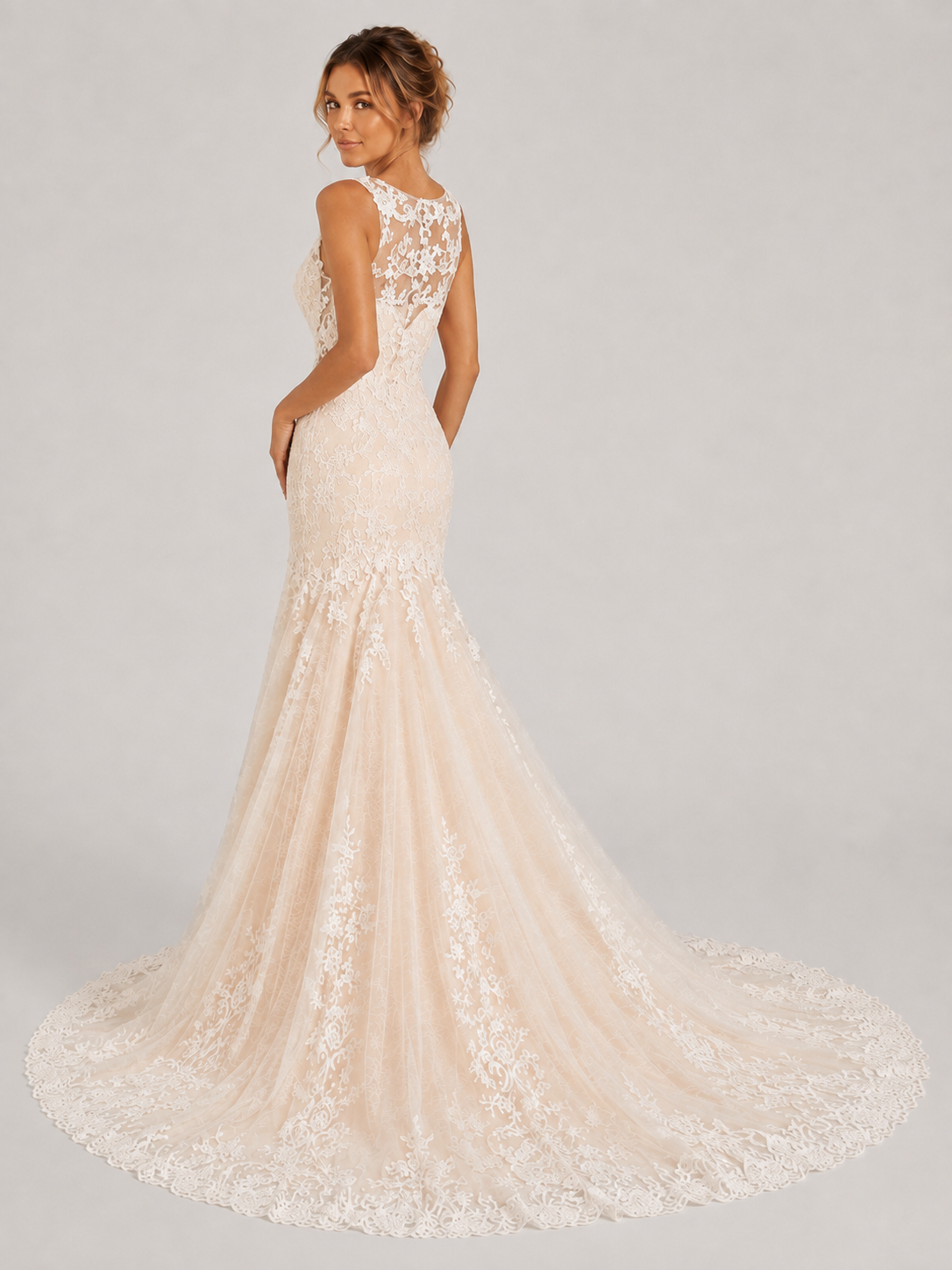 Elegant Illusion High-Neck Lace Mermaid Wedding Dress with Sweep Train