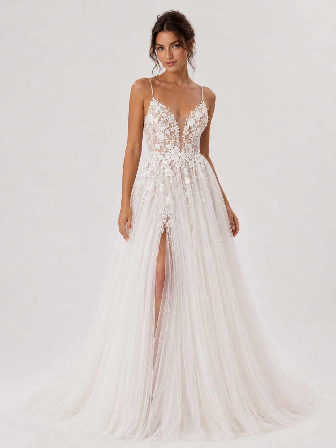 Elegant Floral Applique Tulle A-Line Wedding Dress with High Slit and Sweep Train