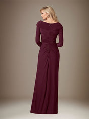 Cabernet Satin Asymmetrical Neck Long Sleeves Floor Length Dress With 3D Flower