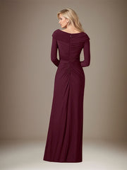 Cabernet Satin Asymmetrical Neck Long Sleeves Floor Length Dress With 3D Flower