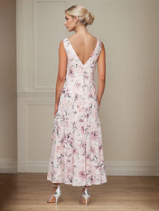 A-Line V-Neck V-Back Tea-Length Chiffon Mother of the Bride Dress