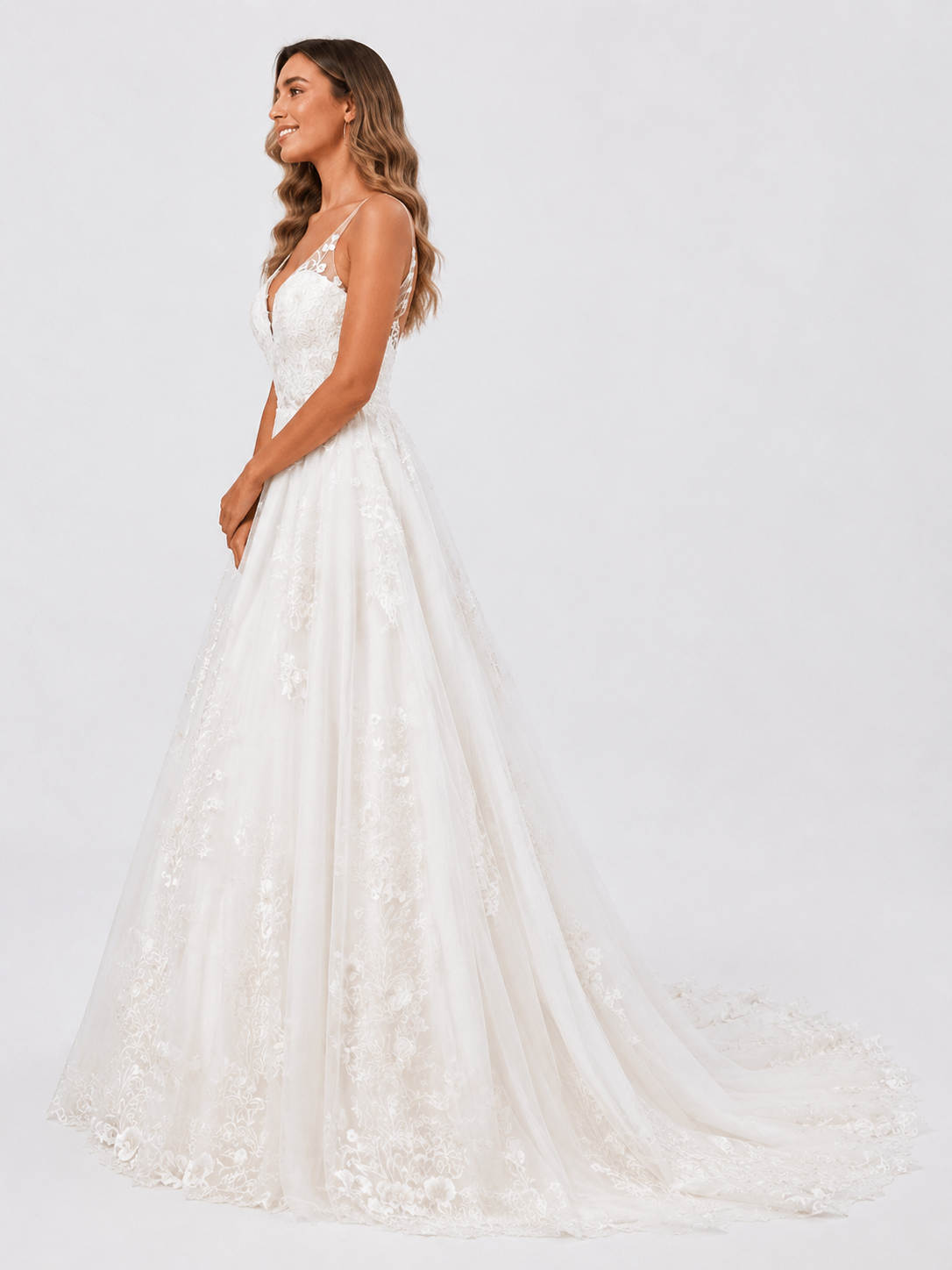 Elegant V-Neck Spaghetti Strap Lace Appliquéd Tulle A-Line Wedding Dress with Chapel Train