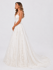 Elegant V-Neck Spaghetti Strap Lace Appliquéd Tulle A-Line Wedding Dress with Chapel Train