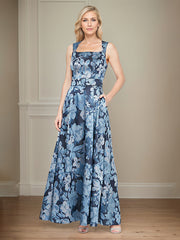 A-Line Square Neckline and Structured Belt Satin Floral Mother of the Bride Dress