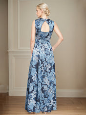 A-Line Square Neckline and Structured Belt Satin Floral Mother of the Bride Dress