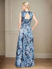 A-Line Square Neckline and Structured Belt Satin Floral Mother of the Bride Dress