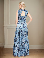 A-Line Square Neckline and Structured Belt Satin Floral Mother of the Bride Dress