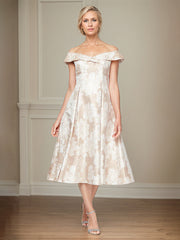 A-Line Off the Shoulder Champagne Satin Floral Mother of the Bride Dress