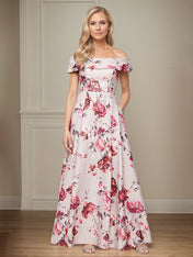 A-Line Off the Shoulder Satin Floral Mother of the Bride Dress With Pockets