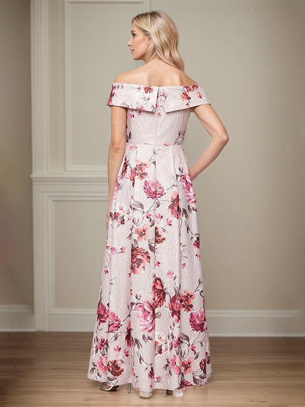 A-Line Off the Shoulder Satin Floral Mother of the Bride Dress With Pockets