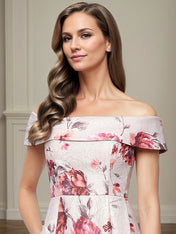 A-Line Off the Shoulder Satin Floral Mother of the Bride Dress With Pockets