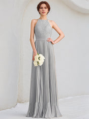 Silver A-Line Scoop Floor-Length Lace Chiffon Dresses With Pleated