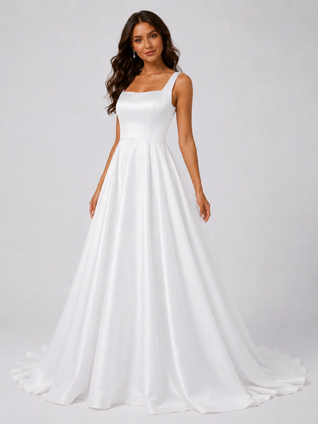 Elegant Square Neckline Satin A-Line Wedding Dress with Low Back and Chapel Train
